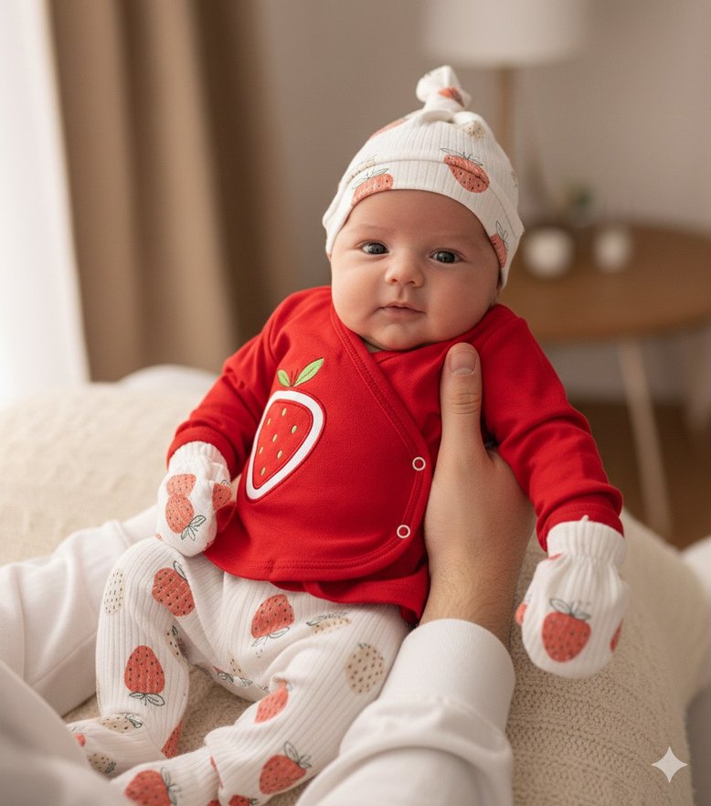 Kırmızı Örgü Desenli Bebek Hastane Kıyafeti - Görsel 2