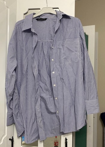 Düğmeli Uzun Kollu Mavi Keten Gömlek - Görsel 2