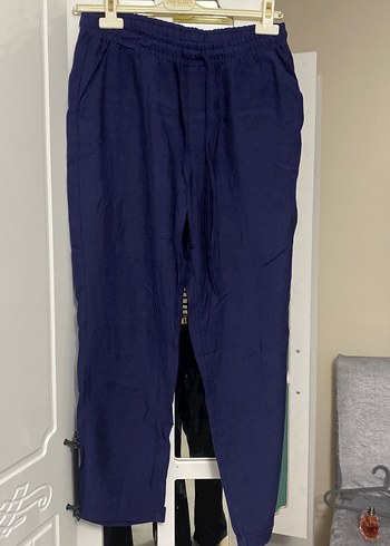 Lacivert Kemerli Kadın Keten Pantolon - Görsel 2