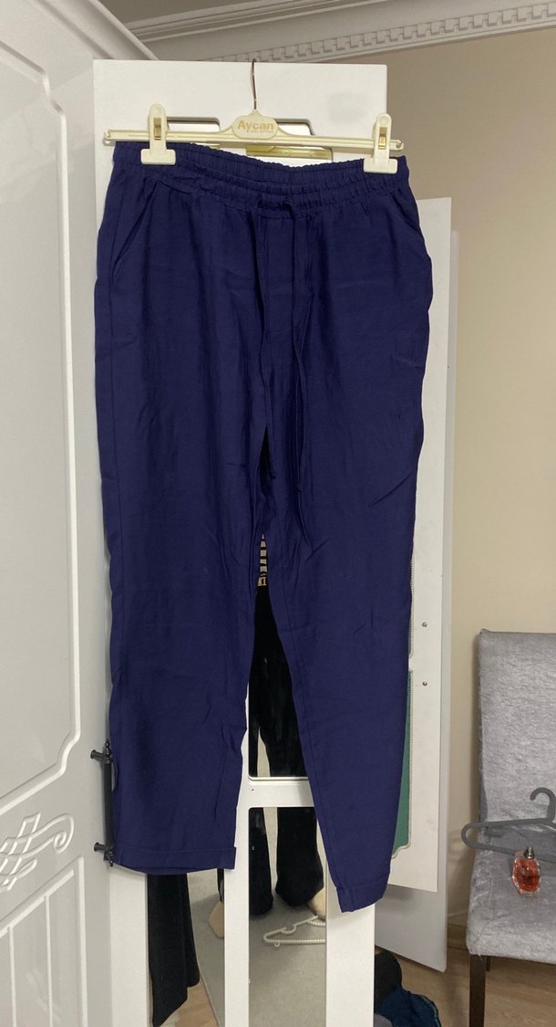 Lacivert Kemerli Kadın Keten Pantolon - Görsel 2