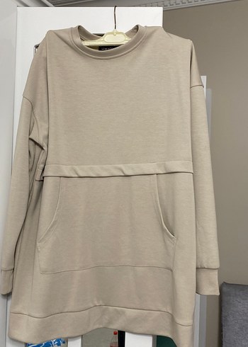 Bej Kadın Uzun Kollu Salaş Sweatshirt cepli - Görsel 2