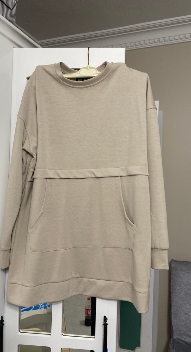 Bej Kadın Uzun Kollu Salaş Sweatshirt cepli - Görsel 2