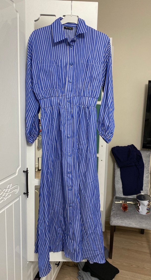 Mavi Çizgili Uzun Pamuklu Elbise - Görsel 2