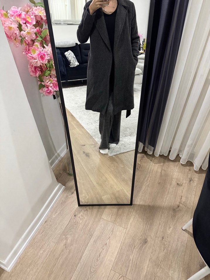 Kemerli Antrasit Gri Kaban - Görsel 2