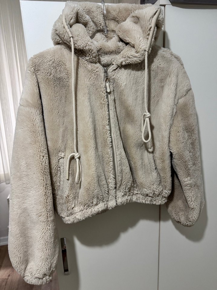 Krem Peluş Detaylı Kadın Midi Ceket - Görsel 3