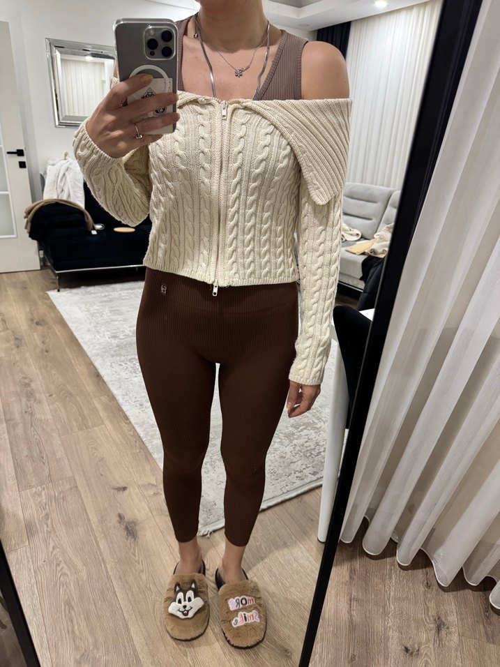 Örgü krem Fermuarlı Kadın Kazak - Görsel 4