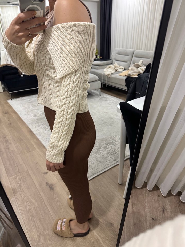 Örgü krem Fermuarlı Kadın Kazak - Görsel 5