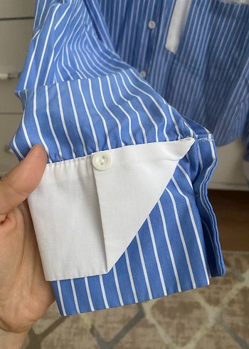 Mavi Çizgili Pamuklu Kadın Gömlek - Görsel 2