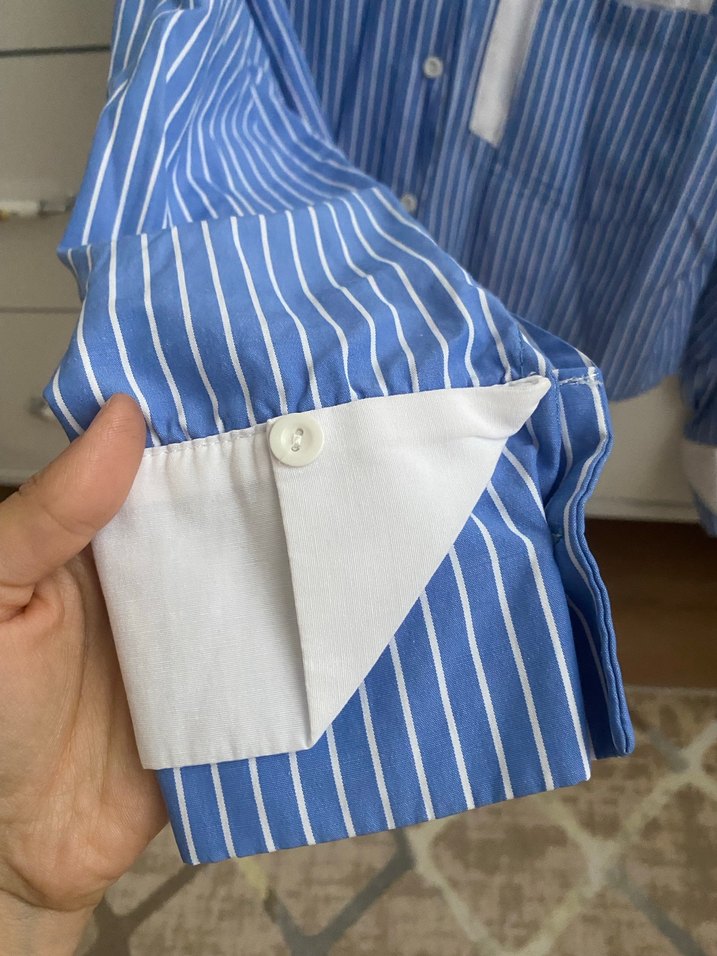 Mavi Çizgili Pamuklu Kadın Gömlek - Görsel 2