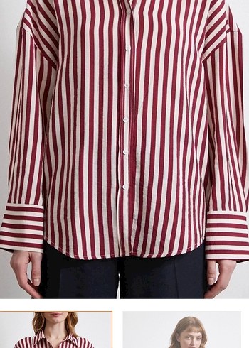 Bordo Çizgili Uzun Kollu Kadın Gömlek - Görsel 2