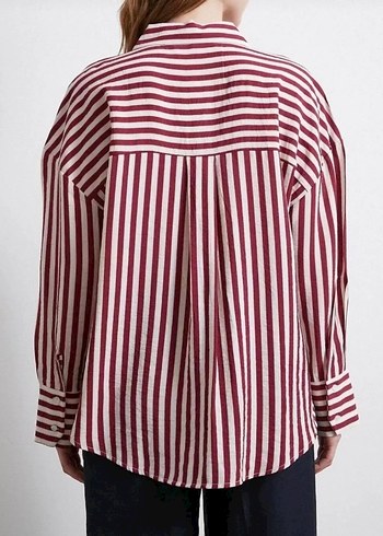 Bordo Çizgili Uzun Kollu Kadın Gömlek - Görsel 3