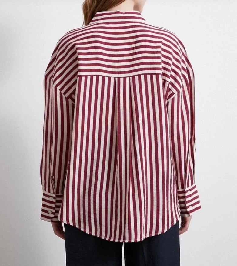 Bordo Çizgili Uzun Kollu Kadın Gömlek - Görsel 3