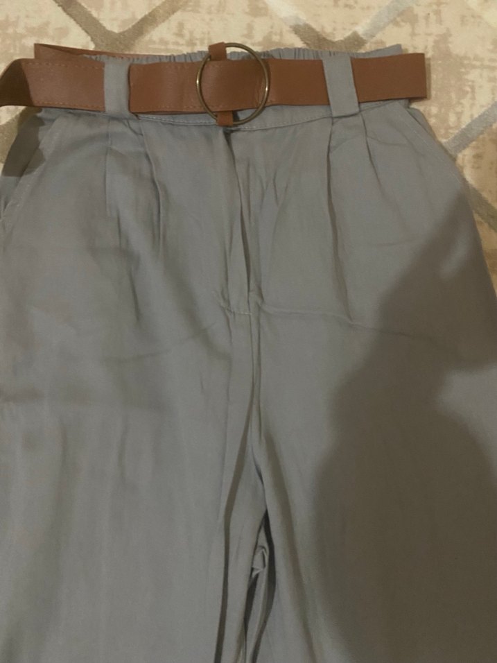 Gri Bol Kesim Kemerli Kadın Pantolon - Görsel 2