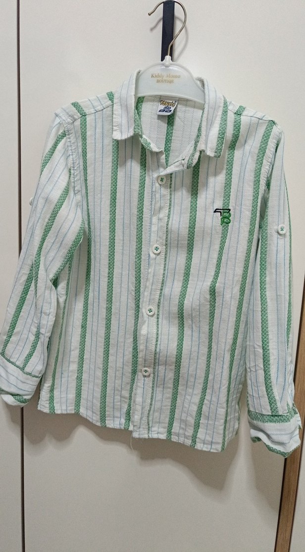 Erkek Çocuk Yeşil Çizgili Pamuk Gömlek - Görsel 2