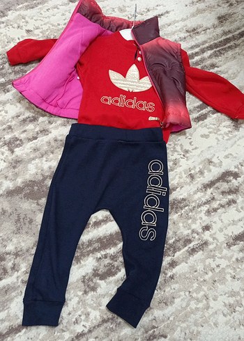 Kız Çocuk Kırmızı Adidas Ceket ve Yelek Takımı - Görsel 2