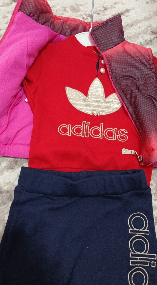 Kız Çocuk Kırmızı Adidas Ceket ve Yelek Takımı - Görsel 3