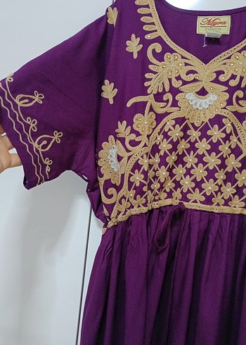 Mor İşlemeli Uzun Bohem Elbise - Görsel 3