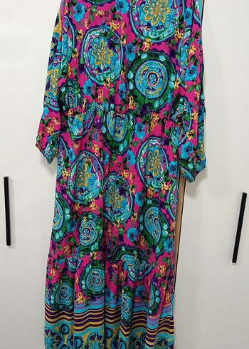 Renkli Bohem Uzun Kollu Pliseli Elbise - Görsel 2