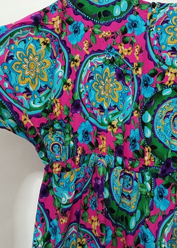 Renkli Bohem Uzun Kollu Pliseli Elbise - Görsel 3