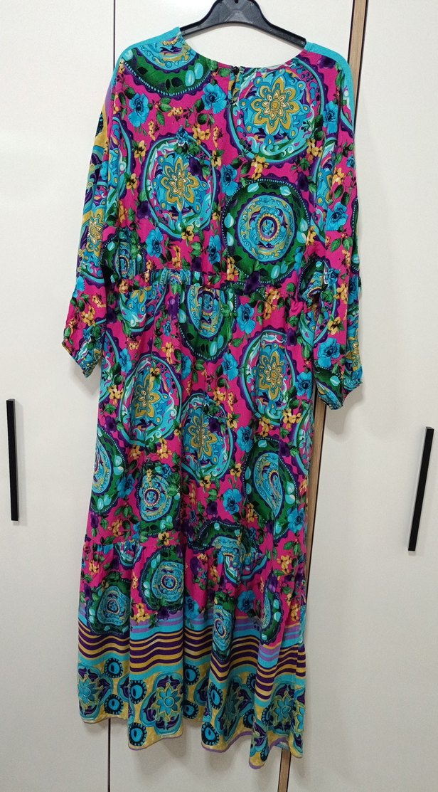 Renkli Bohem Uzun Kollu Pliseli Elbise - Görsel 2