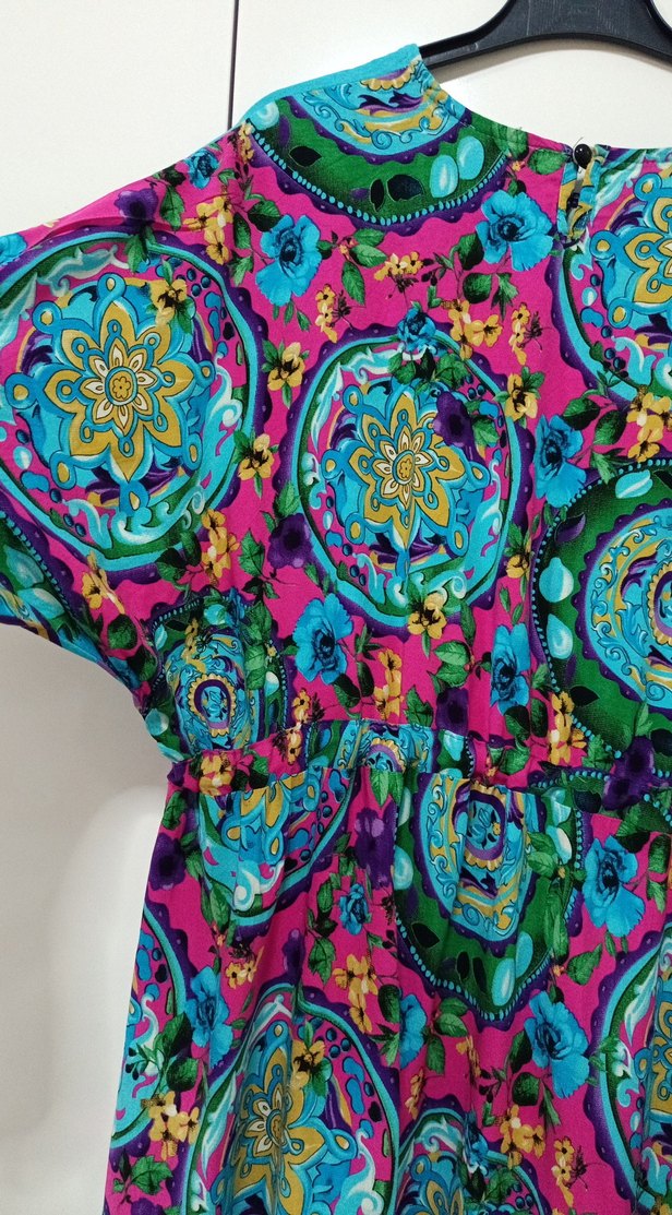 Renkli Bohem Uzun Kollu Pliseli Elbise - Görsel 3