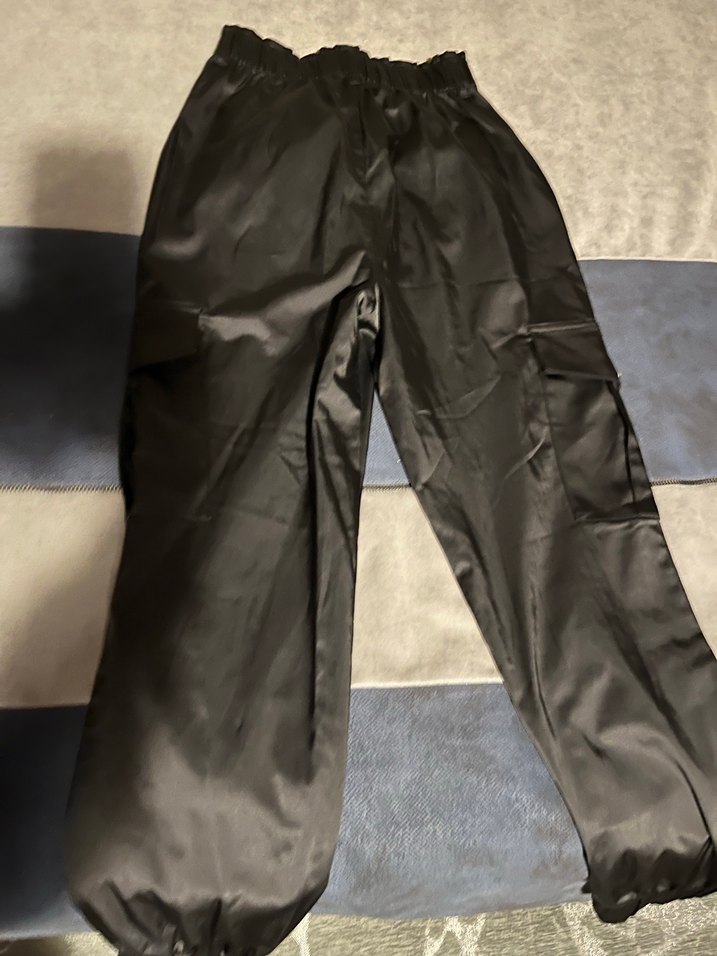 Mavi jean Siyah Kemerli Rahat Kadın saten  kargo Pantolon - Görsel 2