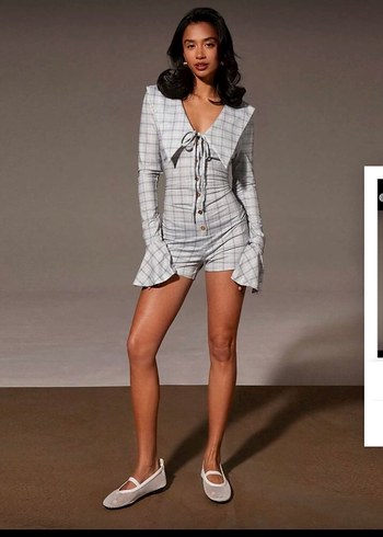 Shein Gri Ekose Mini Kadın Takım tulum - Görsel 2