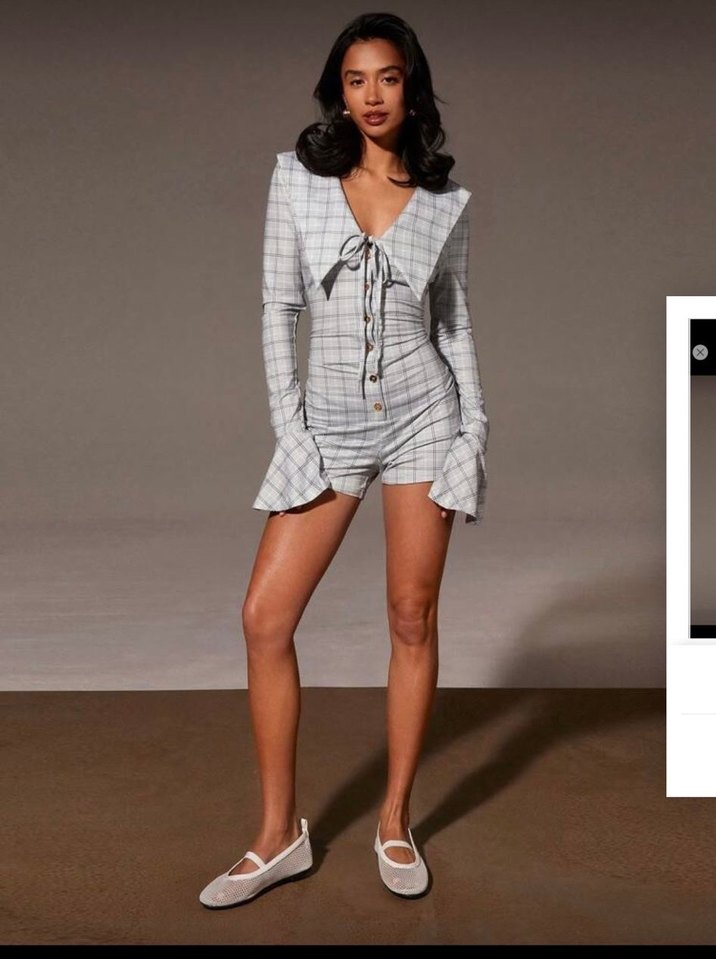 Shein Gri Ekose Mini Kadın Takım tulum - Görsel 2