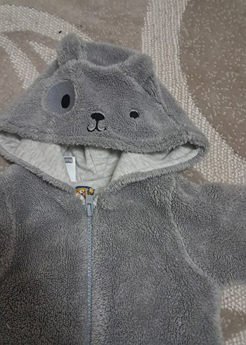 Peluş Kapüşonlu Gri Bebek Tulumu - Görsel 3