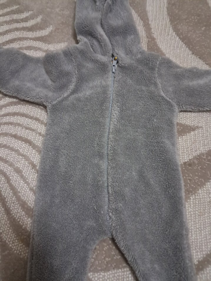 Peluş Kapüşonlu Gri Bebek Tulumu - Görsel 2