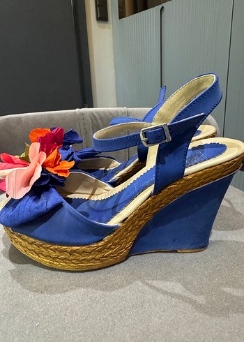 Çiçek Detaylı Mavi Dolgu Topuklu Kadın Espadril - Görsel 2