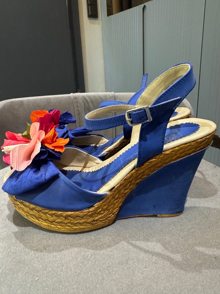 Çiçek Detaylı Mavi Dolgu Topuklu Kadın Espadril - Görsel 2