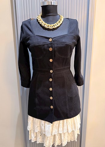 Düğmeli Siyah Kadın Denim elbise - Görsel 2