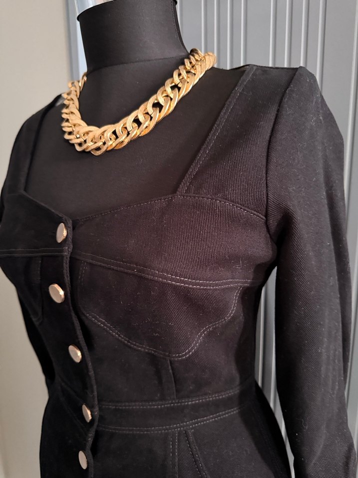 Düğmeli Siyah Kadın Denim elbise - Görsel 5