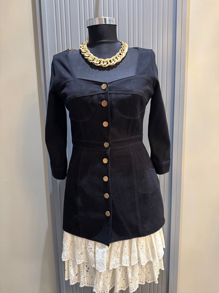 Düğmeli Siyah Kadın Denim elbise - Görsel 3