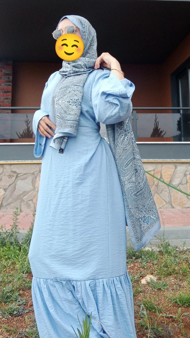 Mavi Bohem Uzun Keten Elbise - Görsel 3