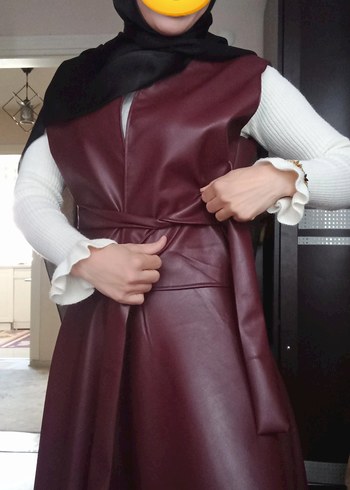 Bordo Deri kloş etek ve yelek takım. - Görsel 3