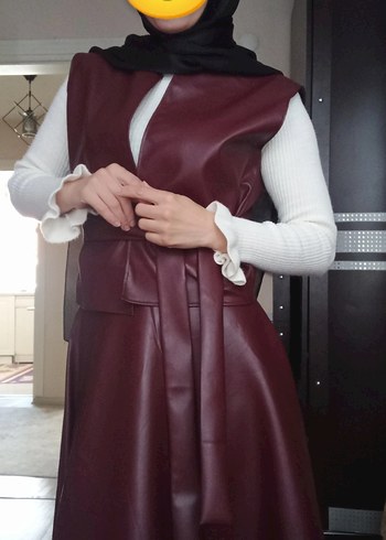 Bordo Deri kloş etek ve yelek takım. - Görsel 2