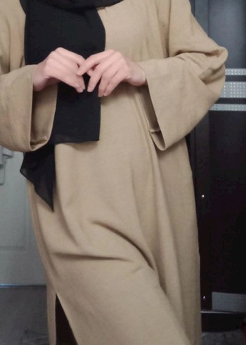 Bej Midi Uzun yandan yırtmaçlı Keten tunik - Görsel 2