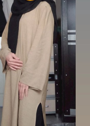 Bej Midi Uzun yandan yırtmaçlı Keten tunik - Görsel 4