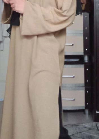 Bej Midi Uzun yandan yırtmaçlı Keten tunik - Görsel 3