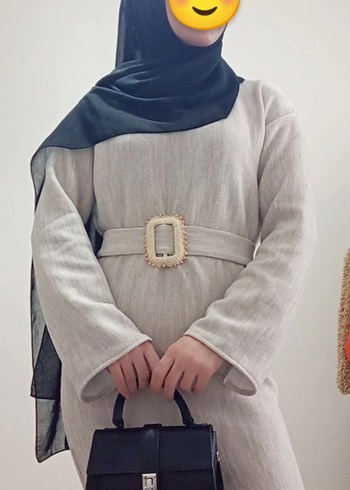 Gri Kemerli Uzun triko Elbise - Görsel 3