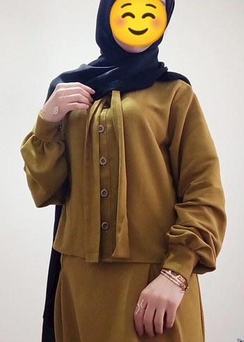 yağ yeşili keten kumaştan etek gömlek takımımız  - Görsel 2
