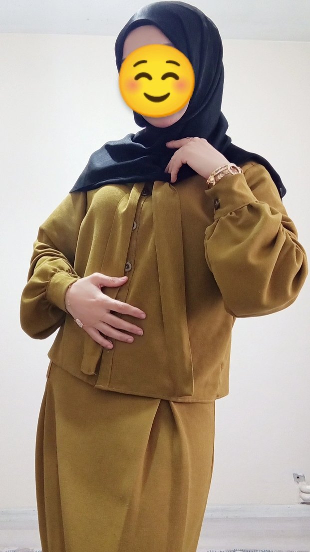 yağ yeşili keten kumaştan etek gömlek takımımız  - Görsel 3