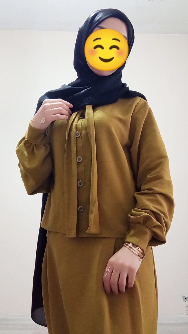 yağ yeşili keten kumaştan etek gömlek takımımız  - Görsel 2