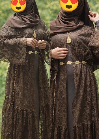 Dantel Detaylı Uzun Kahverengi Tesettür Elbise ikili takım  - Görsel 2