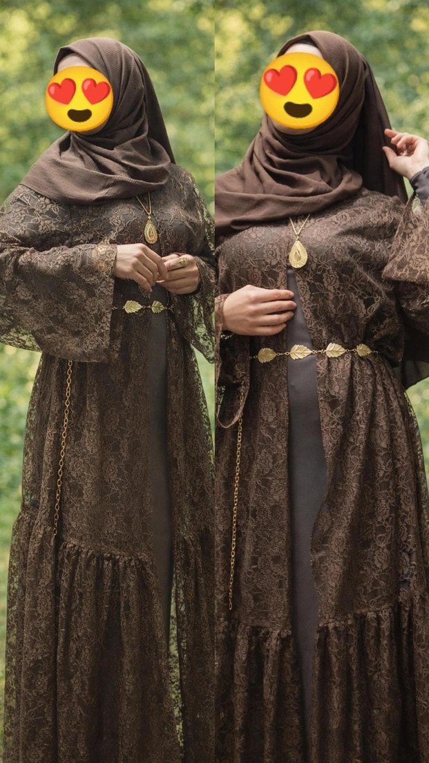 Dantel Detaylı Uzun Kahverengi Tesettür Elbise ikili takım  - Görsel 2