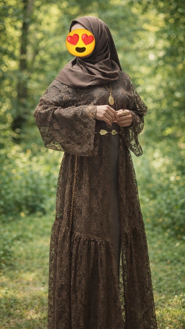 Dantel Detaylı Uzun Kahverengi Tesettür Elbise ikili takım  - Görsel 3