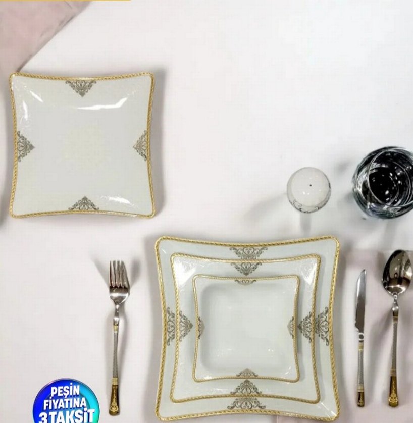 golt Desenli Beyaz Kare Tabak Seti - Görsel 4