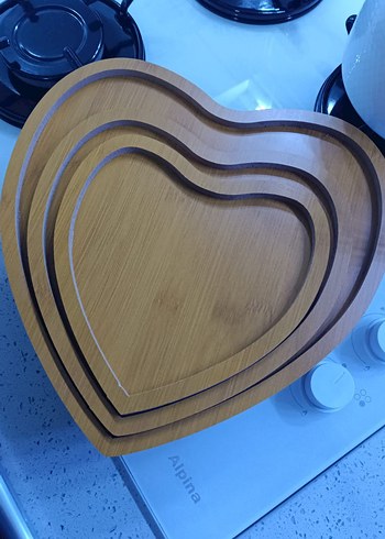 Bej Parlak Modern Kalp Şekilli ahşap sunumluk Seti - Görsel 4